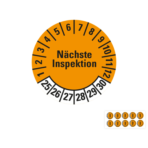 Produkt Hauptbild von Prüfplakette Nächste Inspektion, 25 - 30, orange, Folie selbstklebend, Ø 20 oder 30 mm
