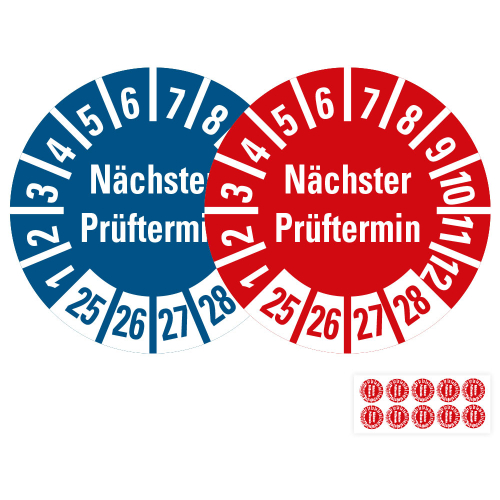Produkt Hauptbild von Prüfplakette Nächster Prüftermin, 25 - 28, rot oder blau, Folie selbstklebend, Ø 8 oder 10 mm