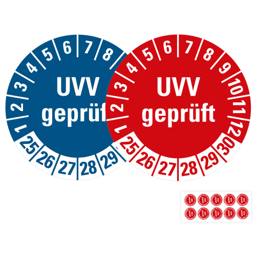 Produkt Hauptbild von Prüfplakette UVV geprüft, 25 - 30, rot oder blau, Folie selbstklebend, Ø 20 oder 30 mm