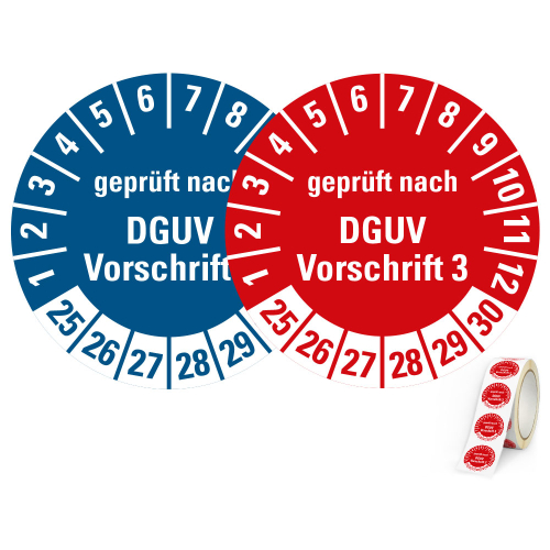 Produkt Hauptbild von Prüfplakette geprüft nach DGUV Vorschrift 3, 25 - 30, rot oder blau, verschiedene Folien, Ø 20 oder 30 mm