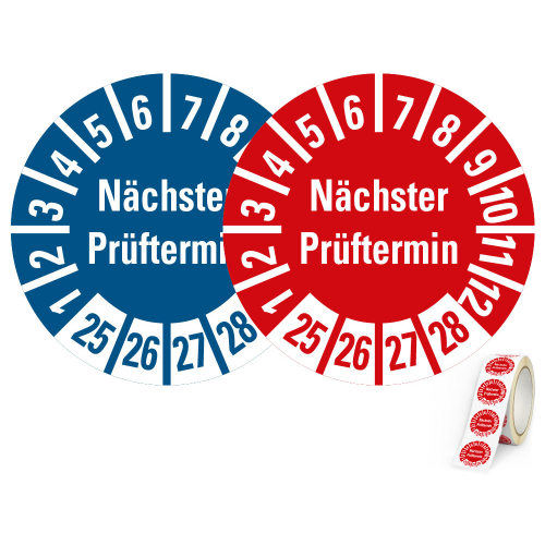Produkt Hauptbild von Prüfplakette Nächster Prüftermin, 25 - 28, rot oder blau, Standardfolie, Ø 10 mm