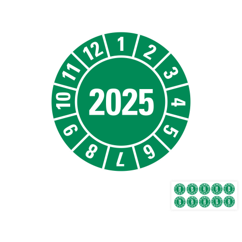 Produkt Hauptbild von Jahresprüfplakette 2025, grün, verschiedene Materialien, Ø 10, 15, 20, 30 mm