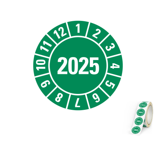 Produkt Hauptbild von Jahresprüfplakette 2025, grün, verschiedene Materialien, Ø 10, 15, 20, 30 mm