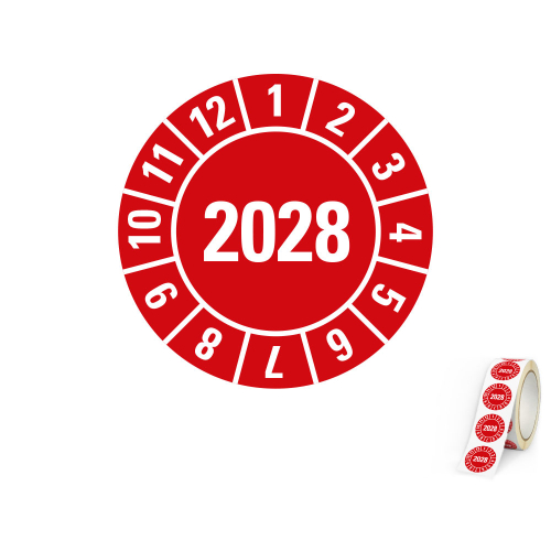 Produkt Hauptbild von Jahresprüfplakette 2028, rot, Folie selbstklebend, Ø 10, 15, 20, 30 mm