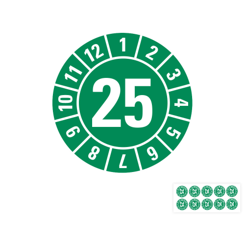 Produkt Hauptbild von Jahresprüfplakette 25, grün, verschiedene Materialien, Ø 8, 15, 30 mm, Bogen