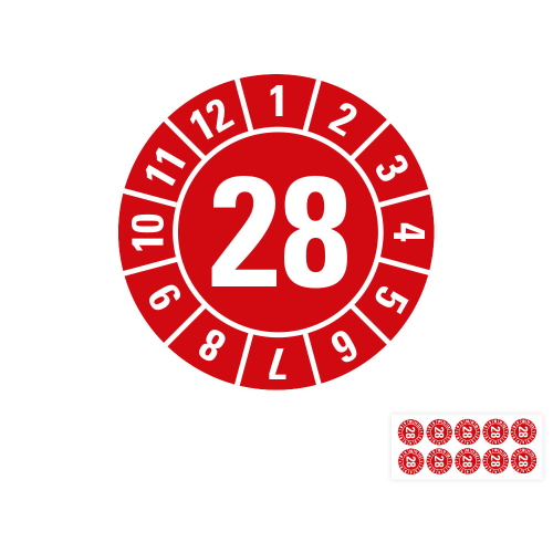 Produkt Hauptbild von Jahresprüfplakette 28, rot, Folie selbstklebend, Ø 8, 15, 30 mm