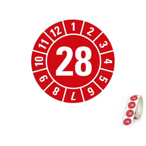 Produkt Hauptbild von Jahresprüfplakette 28, rot, Folie selbstklebend, Ø 10, 20, 30 mm