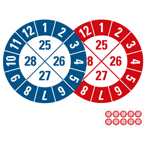 Produkt Hauptbild von Prüfplakette 25 - 28, rot blau, Folie selbstklebend, Ø 20 oder 30 mm