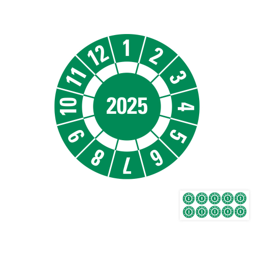 Produkt Hauptbild von Jahresprüfplakette 2025, Freifelder, grün, Folie selbstklebend, Ø 20 oder 30 mm
