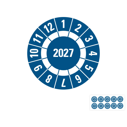 Produkt Hauptbild von Jahresprüfplakette 2027, Freifelder, blau, Folie selbstklebend, Ø 20 oder 30 mm