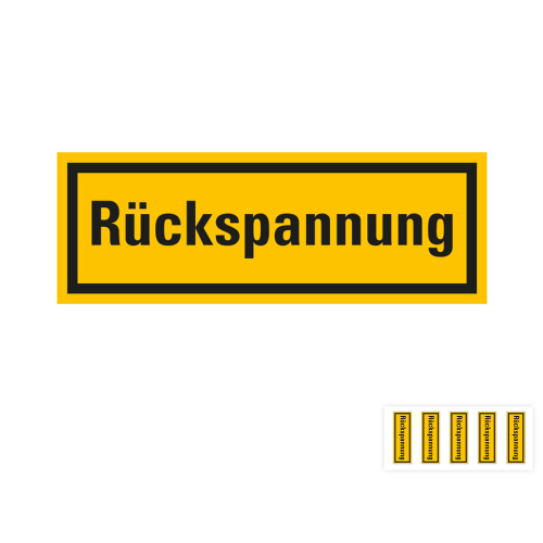 Produkt Hauptbild von Warnschild: Rückspannung, gelb-schwarz, praxisbewährt, Folie oder Resopal, versch. Größen und Lieferformen