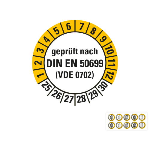 Produkt Hauptbild von Prüfplakette geprüft nach DIN EN 50699 (VDE 0702), weiß-gelb, Standardfolie, versch. Jahreszahlen