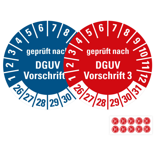 Produkt Hauptbild von Prüfplakette geprüft nach DGUV Vorschrift 3, 26 - 31, rot oder blau, Ø 20 oder 30 mm