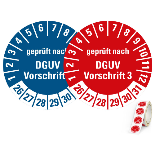Produkt Hauptbild von Prüfplakette geprüft nach DGUV Vorschrift 3, 26 - 31, rot oder blau, Folie, Ø 20 oder 30 mm oder Spender