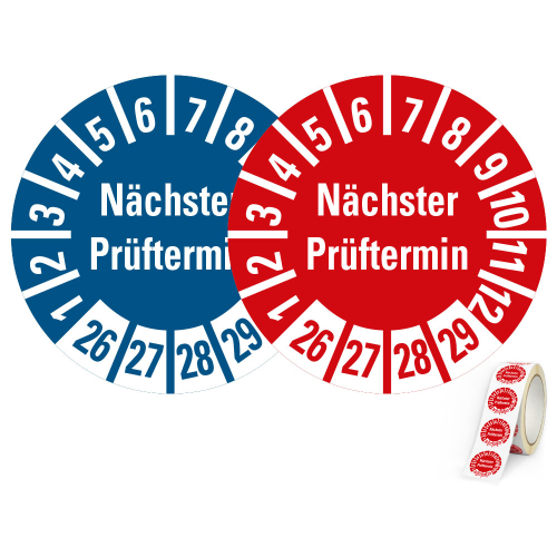 Produkt Hauptbild von Prüfplakette Nächster Prüftermin, 26 - 29, rot oder blau, Standardfolie, Ø 10 mm