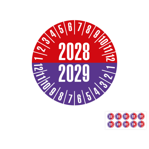 Produkt Hauptbild von Prüfplakette 2028/2029, rot-violett, Folie selbstklebend, Ø 20 oder 30 mm