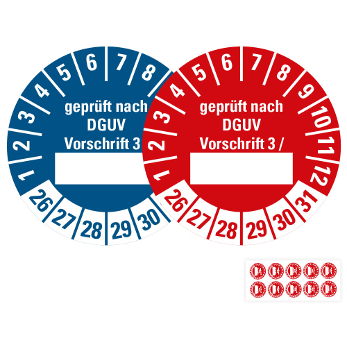 Produkt Hauptbild von Prüfplakette geprüft nach DGUV Vorschrift 3 /..., Beschriftungsfeld, 26 - 31, rot oder blau, Folie selbstklebend, Ø 30 mm
