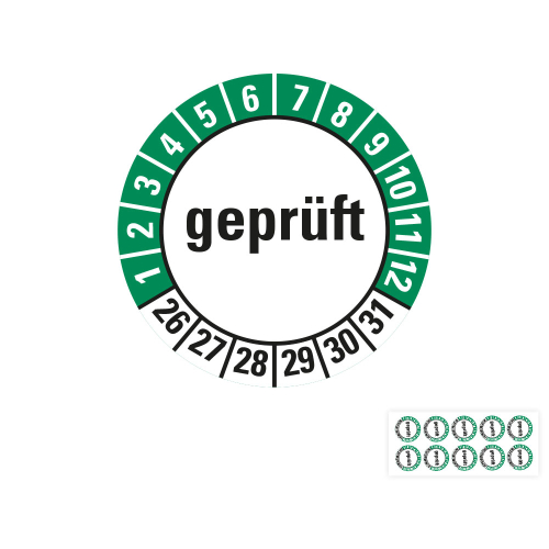 Produkt Hauptbild von Prüfplakette geprüft, 26 - 31, weiß-grün, Folie selbstklebend, Ø 20 oder 30 mm