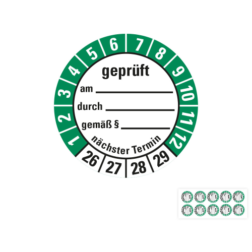 Produkt Hauptbild von Prüfplakette geprüft am... durch... gemäß §... nächster Termin, 26 - 29, weiß-grün, Folie selbstklebend, Ø 30 oder 40 mm