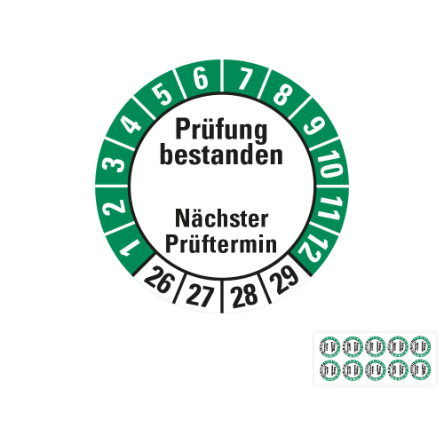 Produkt Hauptbild von Prüfplakette Prüfung bestanden Nächster Prüftermin, 26 - 29, weiß-grün, Folie selbstklebend, Ø 20 oder 30 mm
