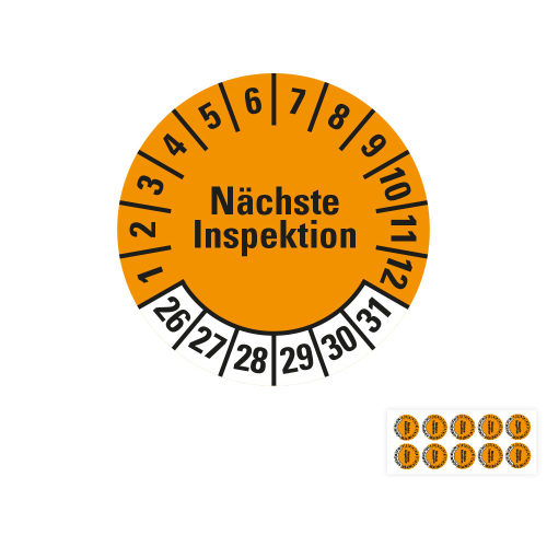 Produkt Hauptbild von Prüfplakette Nächste Inspektion, 26 - 31, orange, Folie selbstklebend, Ø 20 oder 30 mm