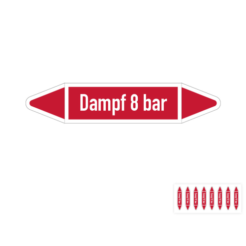 Produkt Hauptbild von Rohrleitungsetikett: Dampf 8 bar, gemäß DIN 2403, rot-weiß, für mit mit versch. Durchmesser, Standardfolie