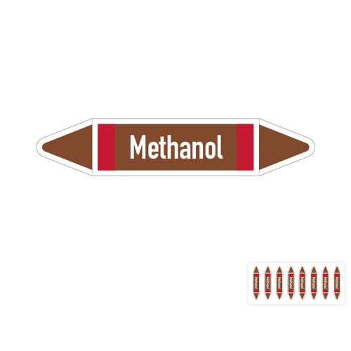 Produkt Hauptbild von Rohrleitungsetikett: Methanol, gemäß DIN 2403, braun-weiß-rot, Standardfolie, versch.  Formate