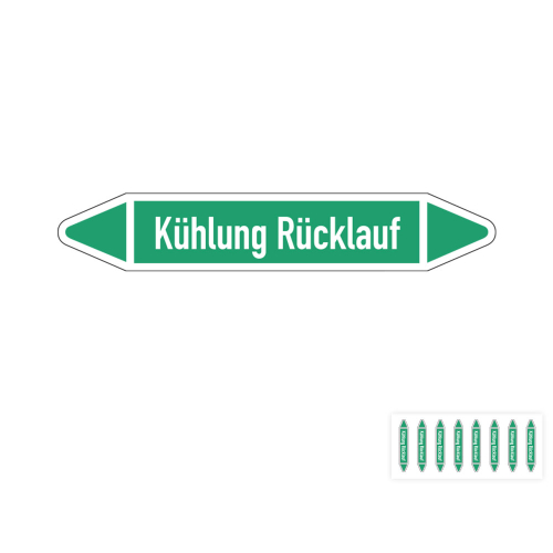 Produkt Hauptbild von Rohrleitungsetikett: Kühlung Rücklauf, gemäß DIN 2403, grün-weiß, Standardfolie, versch.  Formate