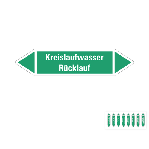 Produkt Hauptbild von Rohrleitungsetikett: Kreislaufwasser Rücklauf, grün-weiß, Standardfolie, versch.  Formate
