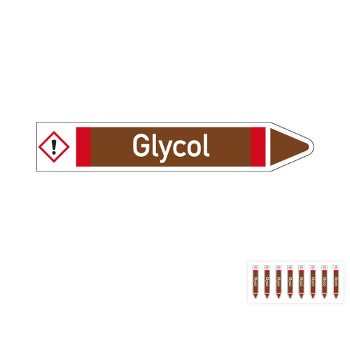 Produkt Hauptbild von Rohrleitungsetikett: Glycol, Fließrichtung rechts, DIN 2403, braun/weiß/rot, Standardfolie, versch.  Formate