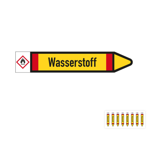 Produkt Hauptbild von Rohrleitungsetikett: Wasserstoff, Fließrichtung rechts oder links, DIN 2403, gelb/schwarz/rot, Standardfolie, versch.  Formate
