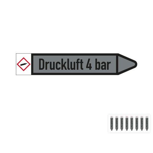 Produkt Hauptbild von Rohrleitungsetikett: Druckluft 4 bar, Fließrichtung rechts oder links, DIN 2403, grau/schwarz, Standardfolie, versch.  Formate