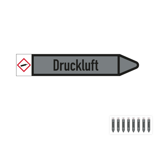 Produkt Hauptbild von Rohrleitungsetikett: Druckluft, Fließrichtung rechts oder links, DIN 2403, grau/schwarz, Standardfolie, versch.  Formate