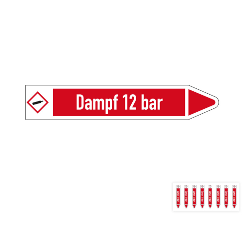 Produkt Hauptbild von Rohrleitungsetikett: Dampf 12 bar, Fließrichtung rechts oder links, DIN 2403, rot/weiß, Standardfolie, versch.  Formate