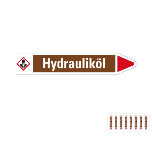 Produkt Hauptbild von Rohrleitungsetikett: Hydrauliköl, Fließrichtung rechts oder links, braun/weiß/rot, Standardfolie, versch.  Formate