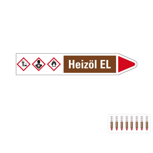 Produkt Hauptbild von Rohrleitungsetikett: Heizöl EL, Fließrichtung rechts oder links, braun/weiß/rot, Standardfolie, versch.  Formate