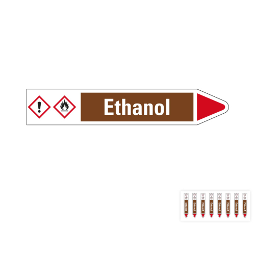 Produkt Hauptbild von Rohrleitungsetikett: Ethanol, Fließrichtung rechts oder links, braun/weiß/rot, Standardfolie, versch.  Formate