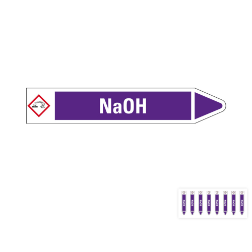 Produkt Hauptbild von Rohrleitungsetikett: NaOH, Fließrichtung rechts oder links, violett/weiß, Standardfolie, versch.  Formate