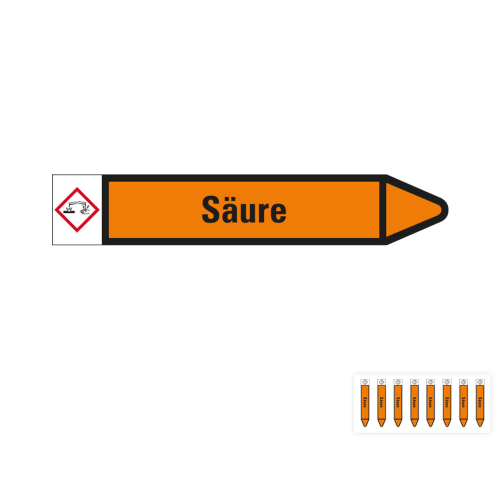 Produkt Hauptbild von Rohrleitungsetikett: Säure, Fließrichtung rechts oder links, orange/schwarz, Standardfolie, versch.  Formate