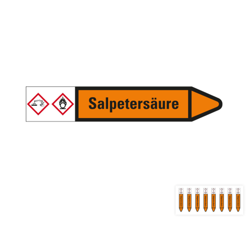 Produkt Hauptbild von Rohrleitungsetikett: Salpetersäure, Fließrichtung rechts oder links, orange/schwarz, Standardfolie, versch.  Formate