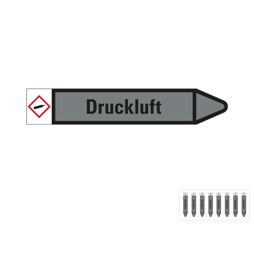 Produkt Hauptbild von Rohrleitungsetikett: Druckluft, Fließrichtung rechts oder links, grau/schwarz, Standardfolie, versch.  Formate