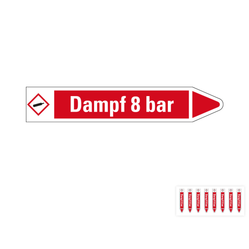 Produkt Hauptbild von Rohrleitungsetikett: Dampf 8 bar, Fließrichtung rechts oder links, rot/weiß, Standardfolie, versch.  Formate
