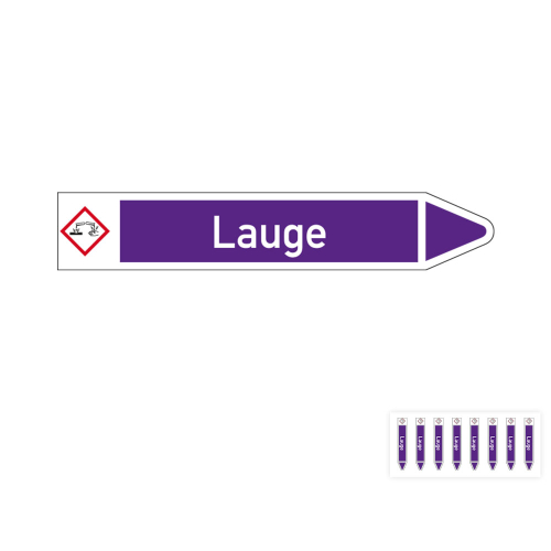 Produkt Hauptbild von Rohrleitungsetikett: Lauge, Fließrichtung rechts oder links, DIN 2403, violett/weiß, Standardfolie, versch.  Formate