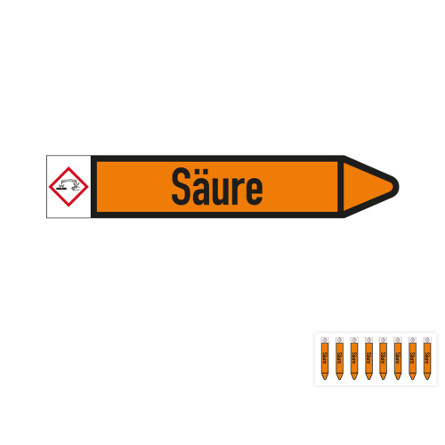 Produkt Hauptbild von Rohrleitungsetikett: Säure, Fließrichtung rechts oder links, DIN 2403, orange/schwarz, Standardfolie, versch.  Formate