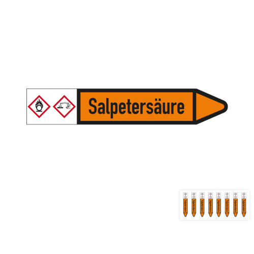 Produkt Hauptbild von Rohrleitungsetikett: Salpetersäure, Fließrichtung rechts oder links, DIN 2403, orange/schwarz, Standardfolie, versch.  Formate