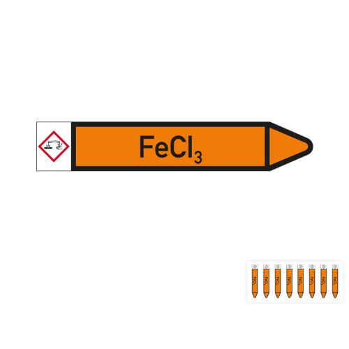 Produkt Hauptbild von Rohrleitungsetikett: FeCI3, Fließrichtung rechts oder links, DIN 2403, orange/schwarz, Standardfolie, versch.  Formate