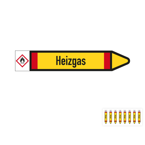 Produkt Hauptbild von Rohrleitungsetikett: Heizgas, Fließrichtung rechts oder links, DIN 2403, gelb/schwarz/rot, Standardfolie, versch.  Formate