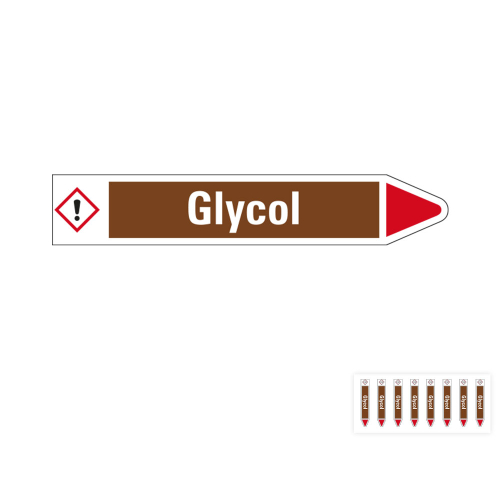 Produkt Hauptbild von Rohrleitungsetikett: Glycol, Fließrichtung rechts oder links, braun/weiß/rot, Standardfolie, versch.  Formate