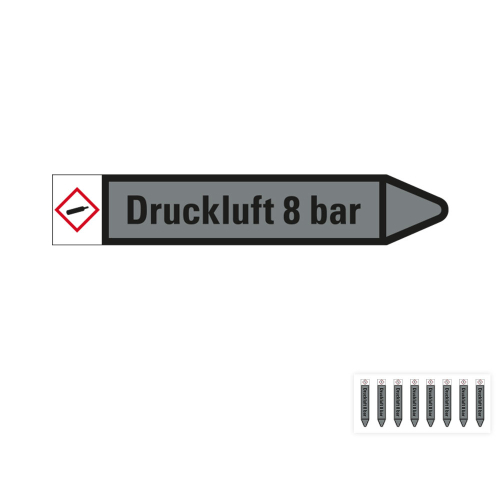 Produkt Hauptbild von Rohrleitungsetikett: Druckluft 8 bar, Fließrichtung rechts oder links, grau/schwarz, Standardfolie, versch.  Formate