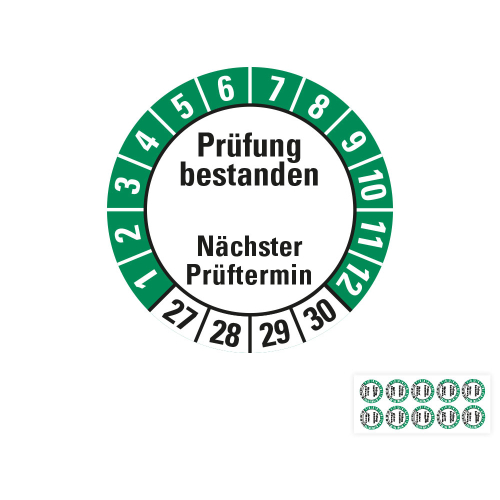 Prüfplakette Prüfung bestanden Nächster Prüftermin, 27 - 30, weiß-grün, Standardfolie, 10 St./Bogen
